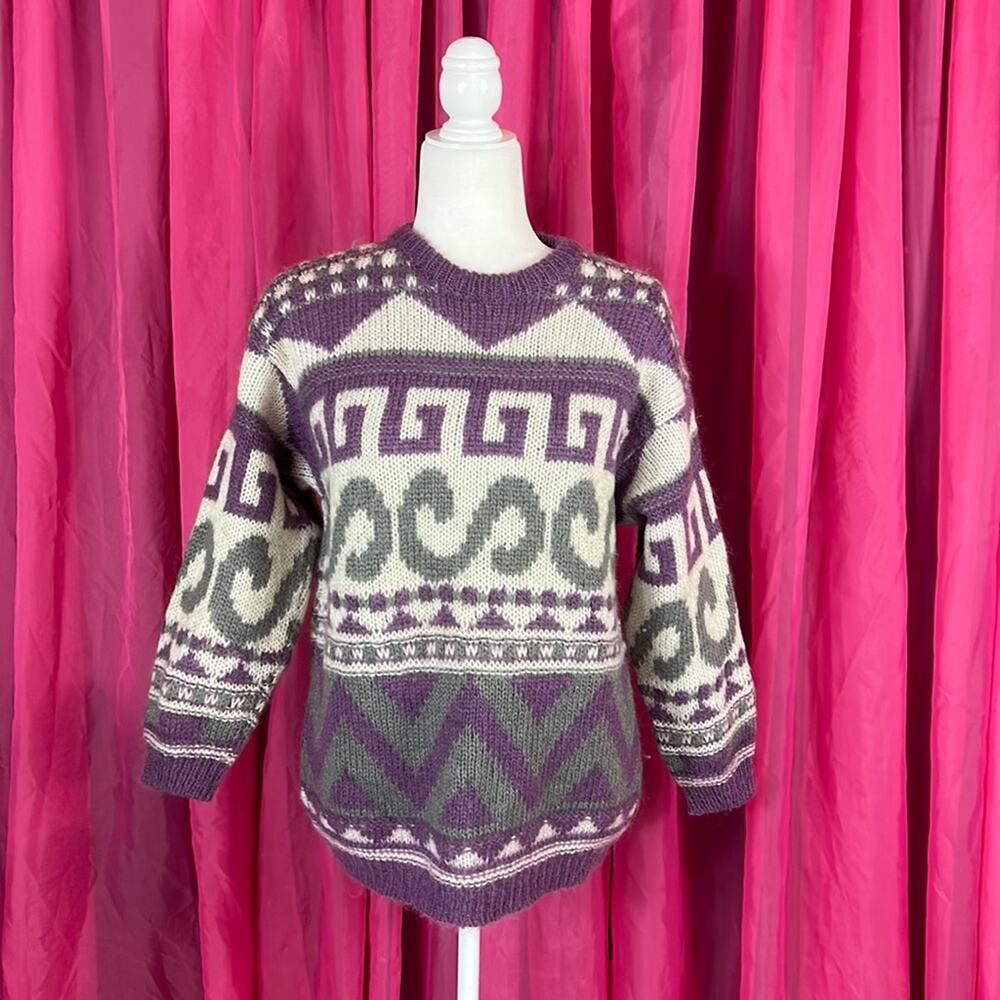 Vintage 80s Together wool blend purple‎ and grey geometric print sweater, small